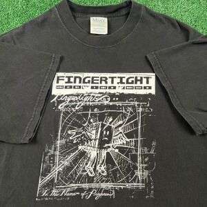 Vintage M&O Knit Fingertight Rock Band T-Shirt Men's Large Faded Black Music Y2K